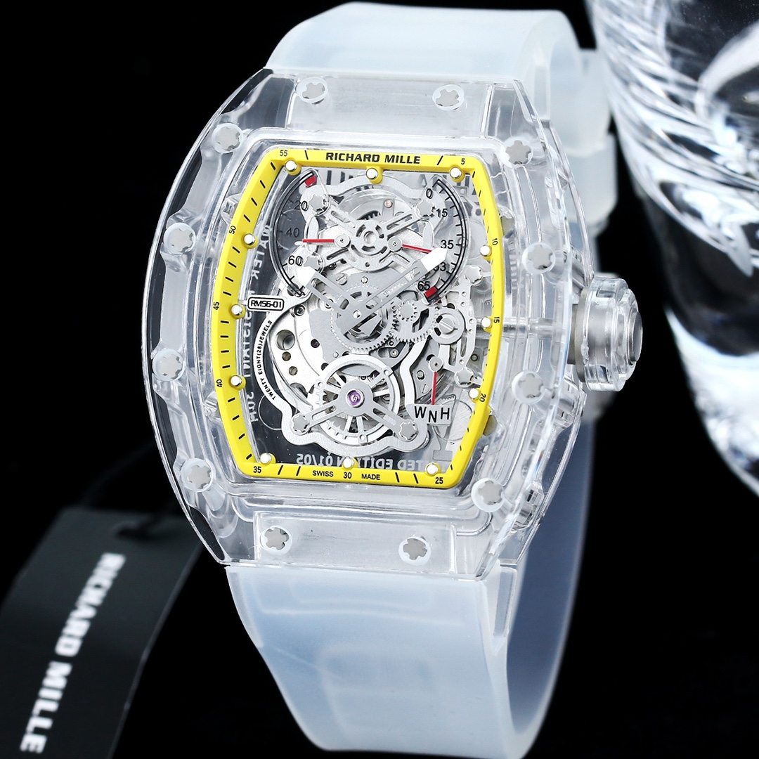 Richard Mille RM56-01 Transparent Glass Case Yellow Skeleton Dial Angled View