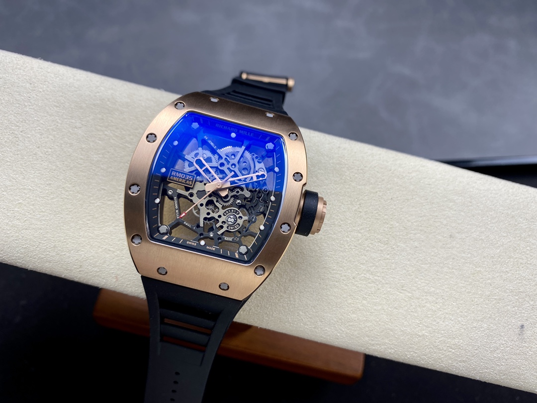 Richard Mille RM035 Americas Edition Rose Gold Case Black Rubber Strap Full Watch Perspective View