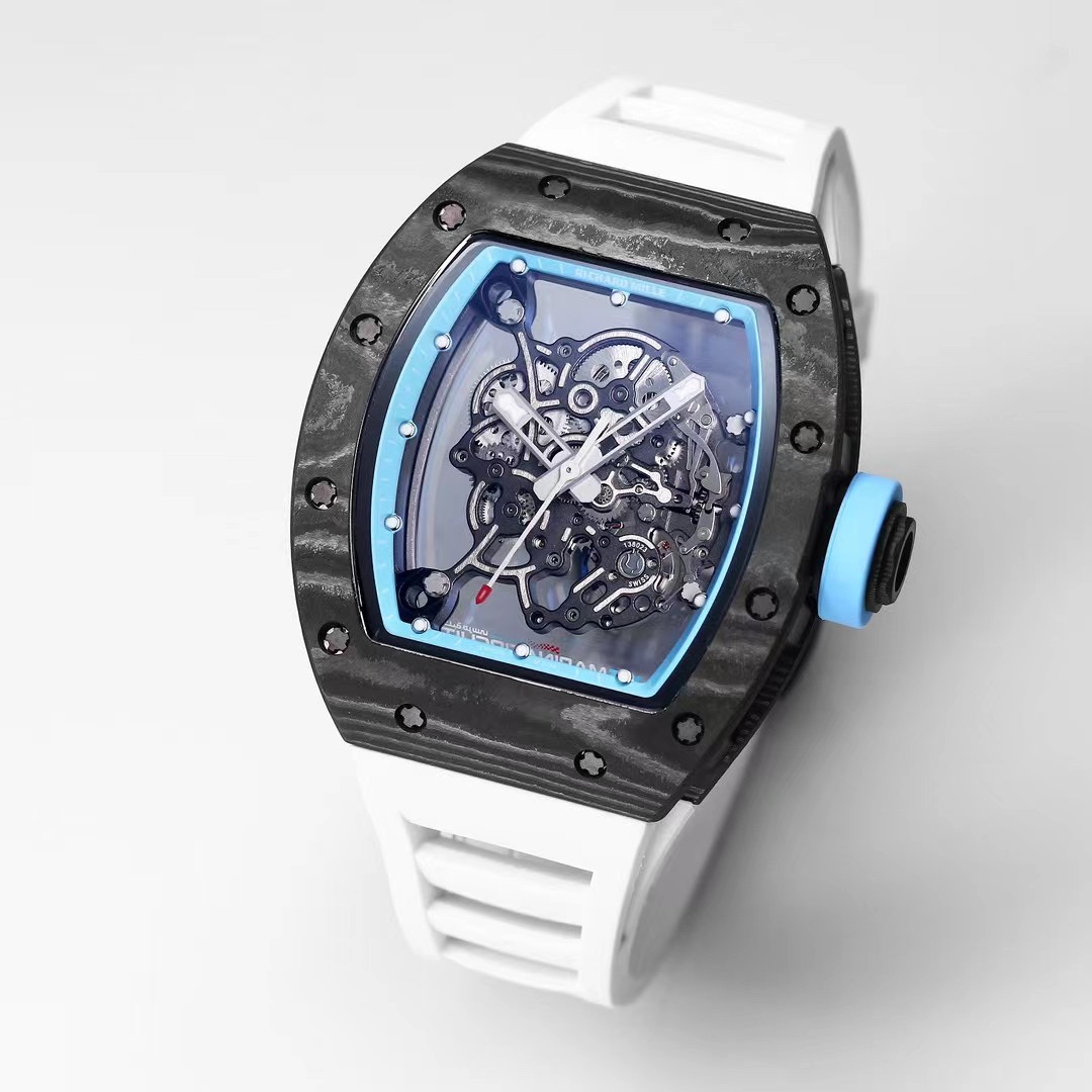 Richard Mille RM055 Skeleton Carbon Fiber Case White Rubber Strap Blue Accents Full Watch Angle View