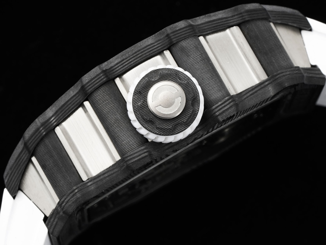 Richard Mille RM 21-01 Aerodyne Tourbillon Replica White Rubber Strap White Black Case Crown Side Detail