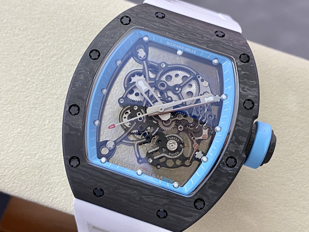 Richard Mille RM055 Yas Marina Abu Dhabi Limited Edition carbon fiber case blue bezel white strap skeleton movement close-up detail view