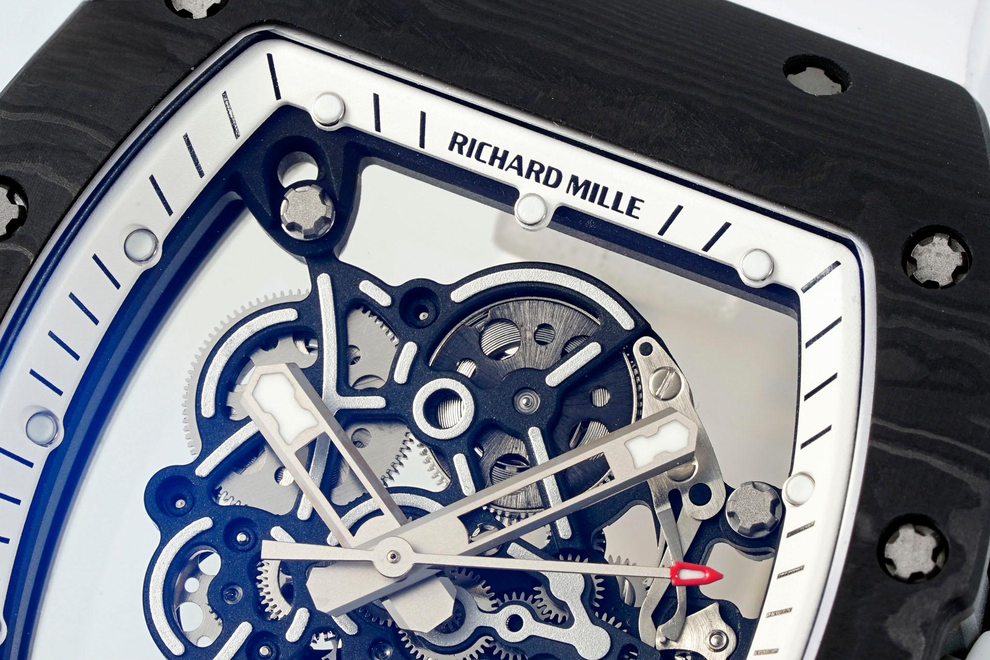 Richard Mille RM055 Carbon Fiber White Rubber Strap Skeleton Dial Movement Detail View Titanium Case Watch