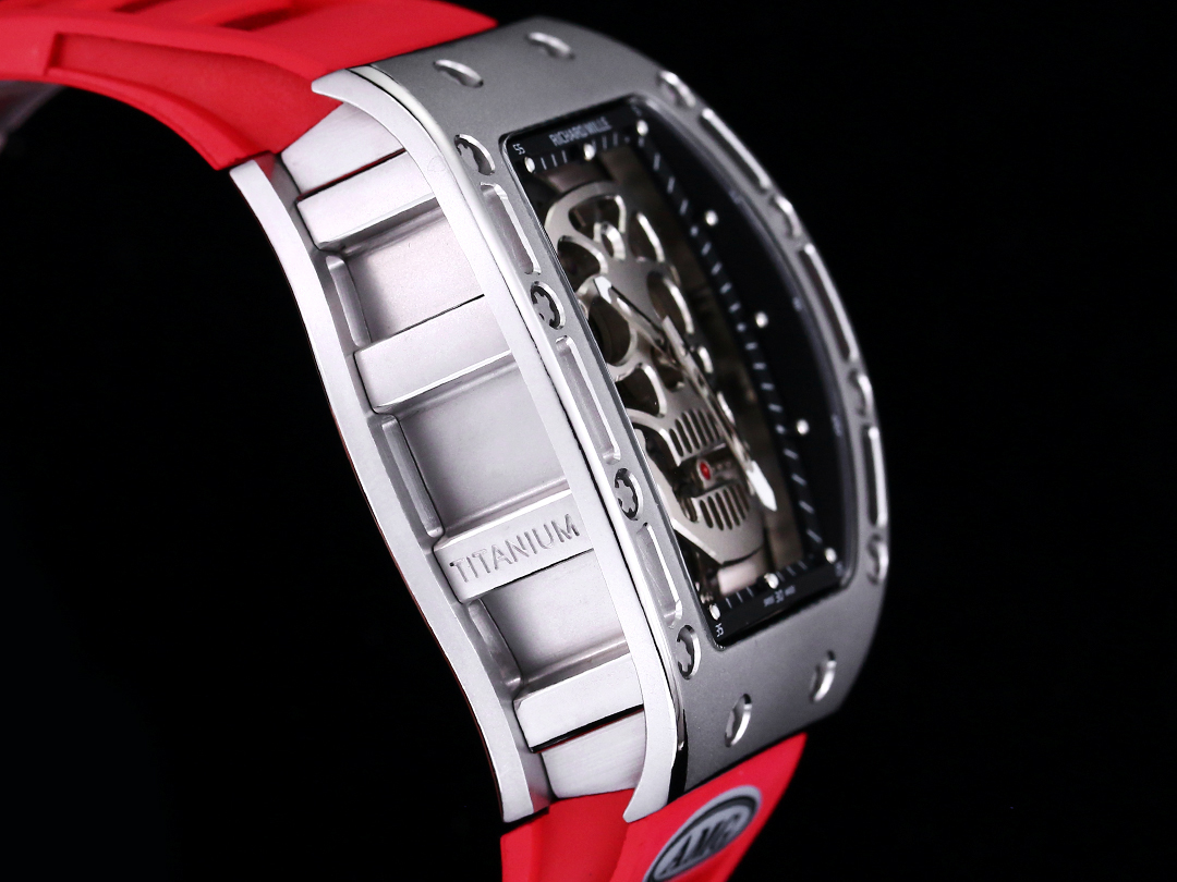 Richard Mille RM52 Tourbillon Red Rubber Strap Silver Case Skull Skeleton Dial Case Side Detail View