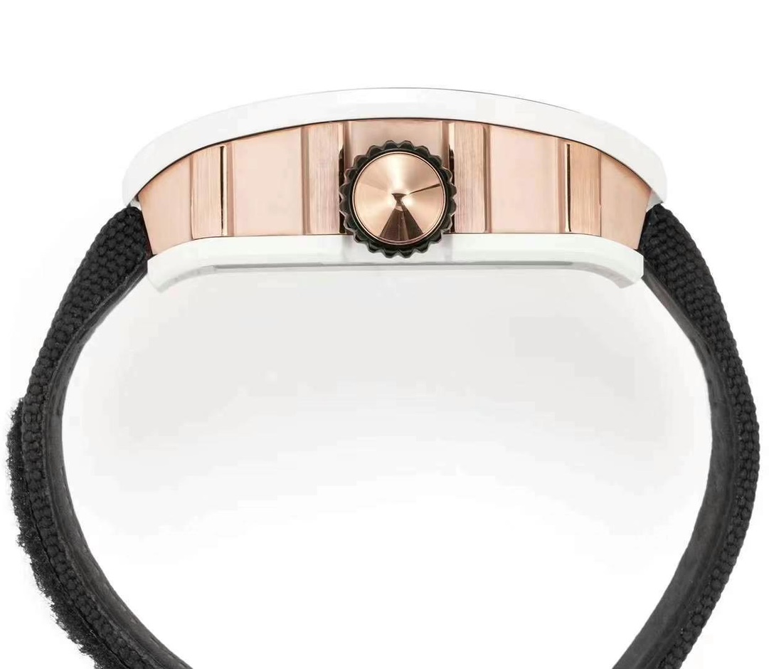 Richard Mille RM S10 Koi Tourbillon White Ceramic Case Rose Gold Side Crown Detail View