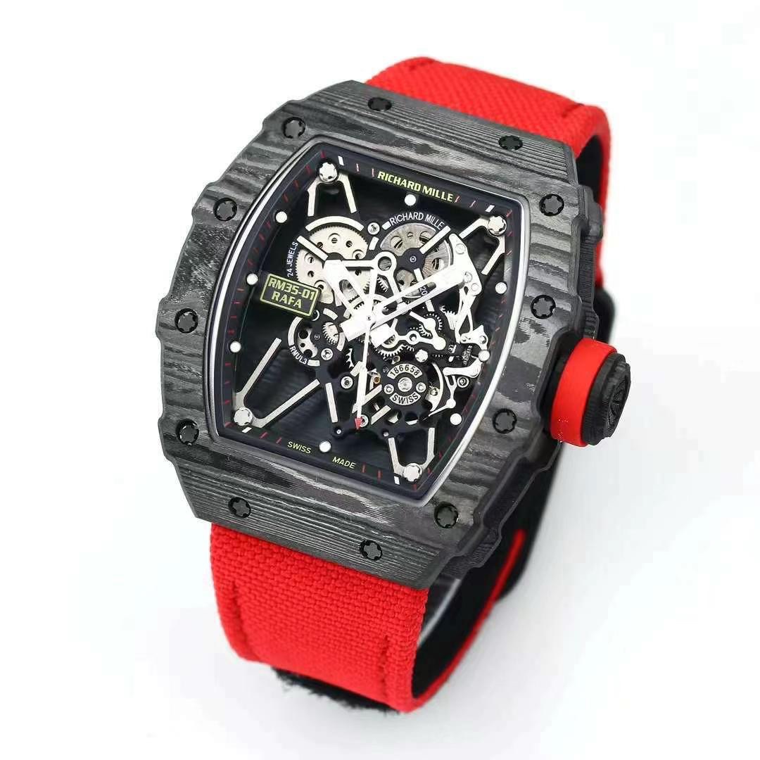 Richard Mille RM 35-01 Rafael Nadal Carbon Fiber Case Red Strap Angled Side View