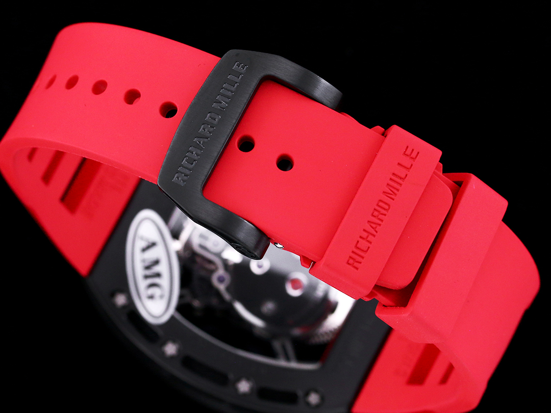 Richard Mille RM052 Titanium Skeleton Tourbillon Black Case Red Rubber Strap Black Skull Dial Buckle Detail