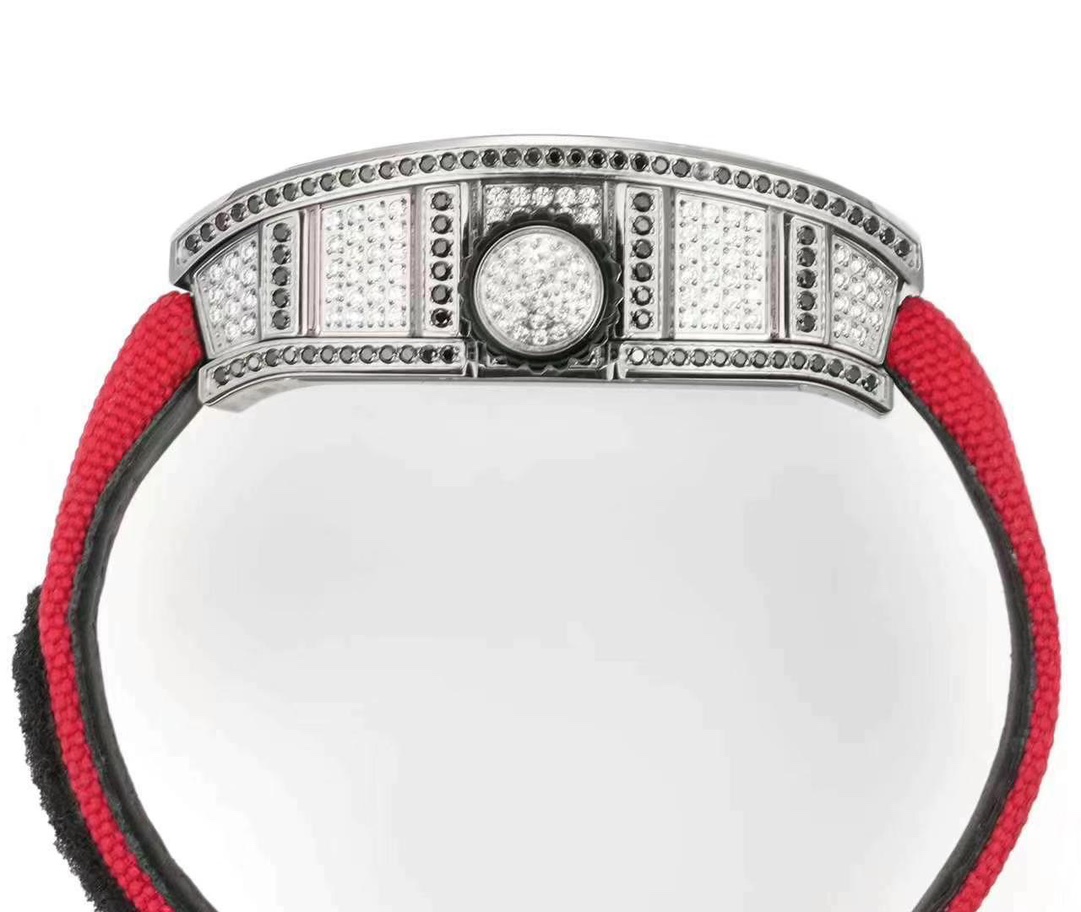 Richard Mille RM S10 Koi Tourbillon Diamond Case Skeleton Dial Red Black Nylon Strap Crown Side Detail View
