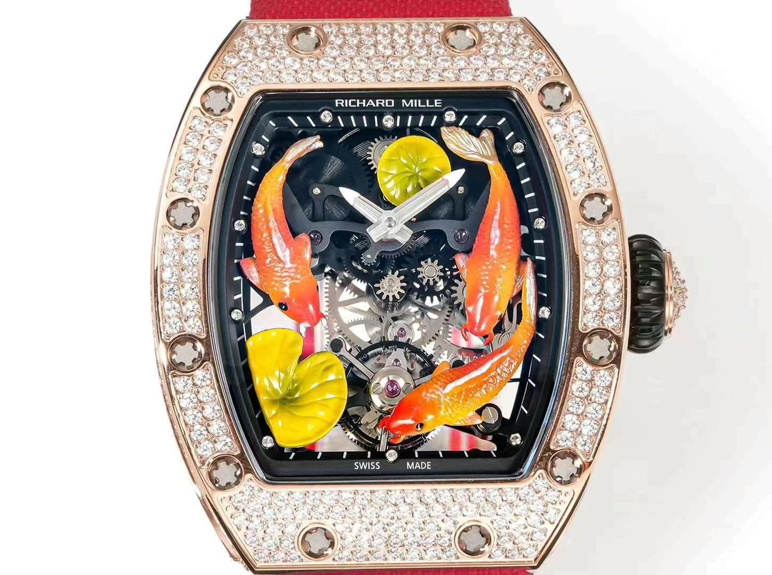 Richard Mille RM S10 Koi Tourbillon Rose Gold Diamond Case Red Nylon Strap Dial Macro Detail