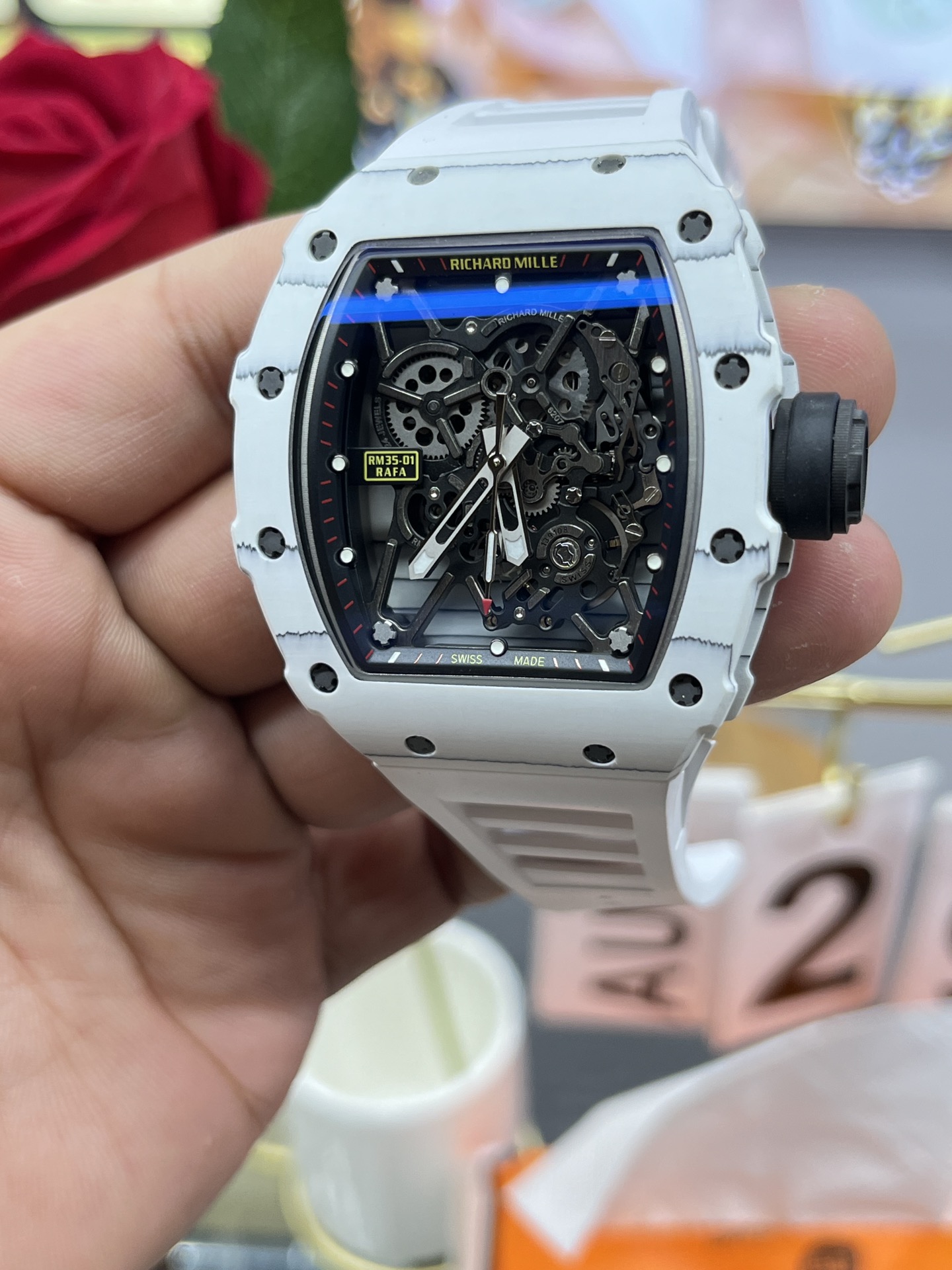 Richard Mille RM35-01 White Carbon Case Black Skeleton Dial White Rubber Strap Close-Up Detail View