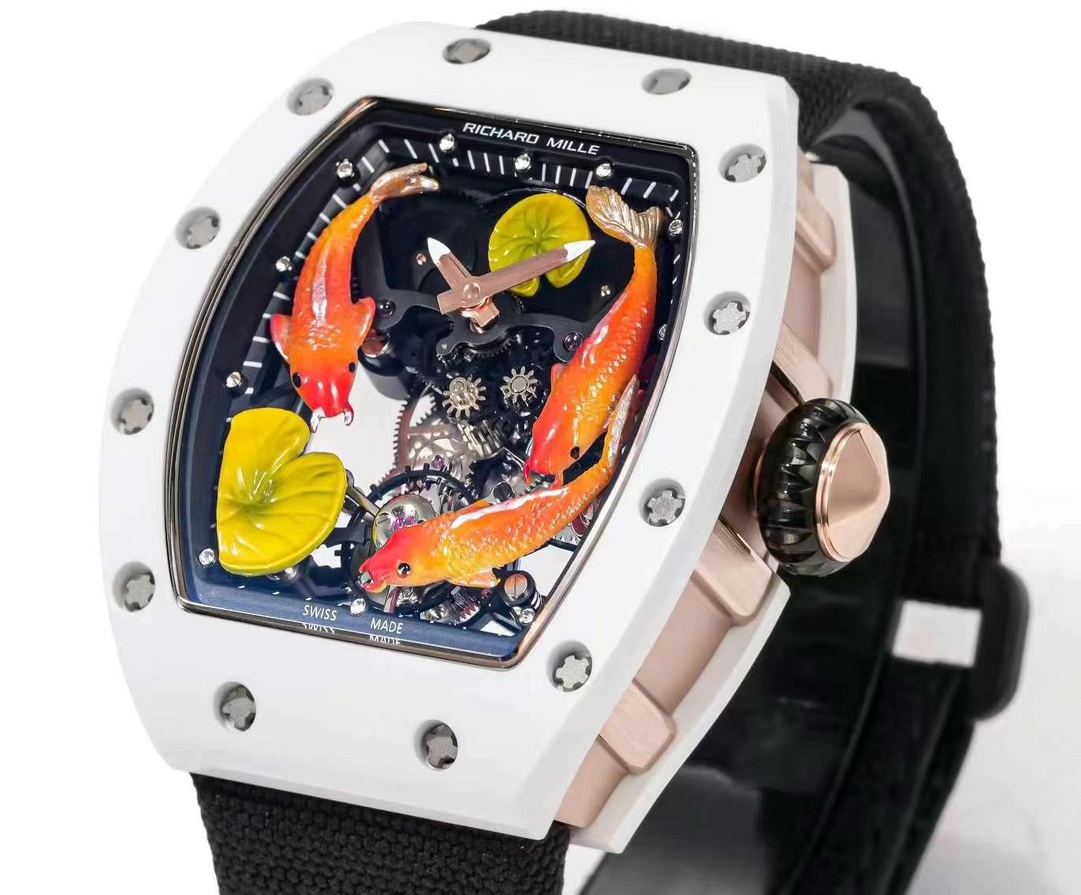 Richard Mille RM S10 Koi Tourbillon White Ceramic Case Skeleton Dial Angle View