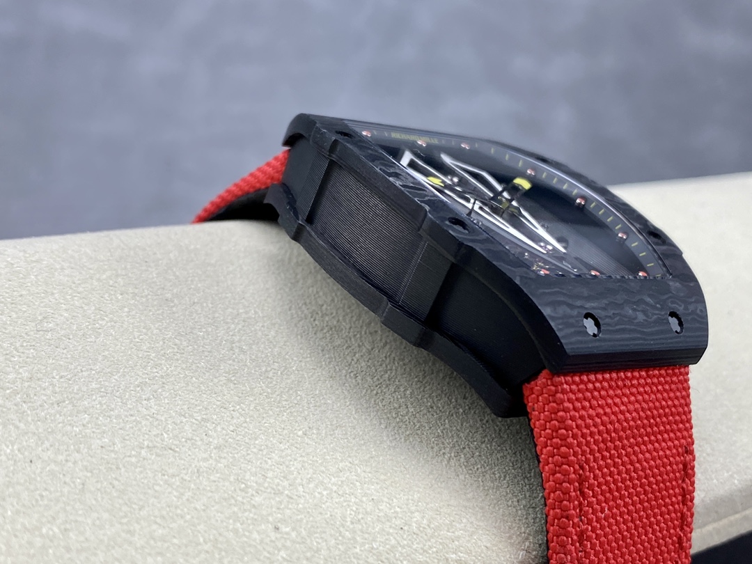 Richard Mille RM27-03 Tourbillon watch red strap black carbon case side view detail image