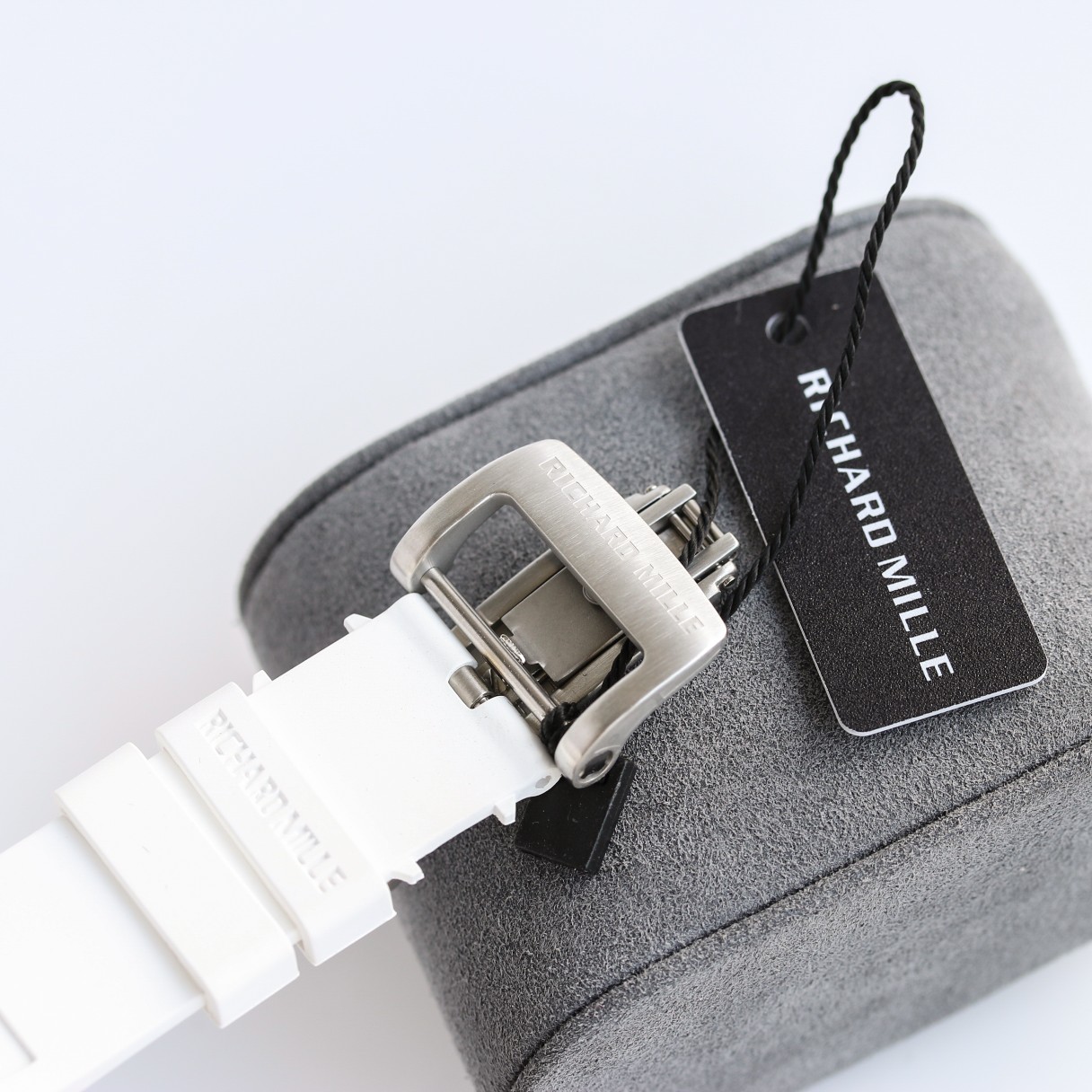 Richard Mille RM Series RM11-03 silver buckle white rubber strap clasp detail view