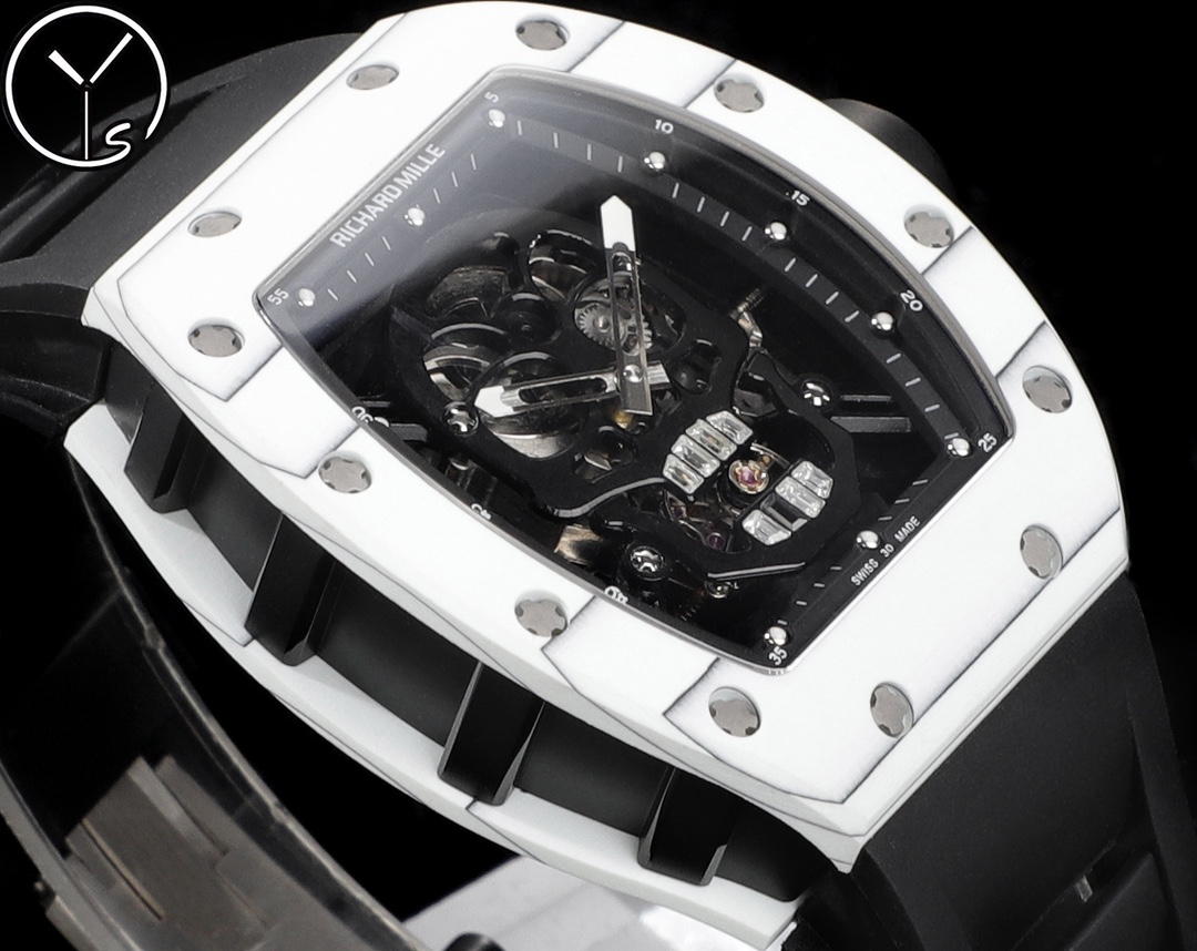 Richard Mille RM 055 Bubba Watson White Ceramic Case Black Rubber Strap Skeleton Dial Angled Side Detail View