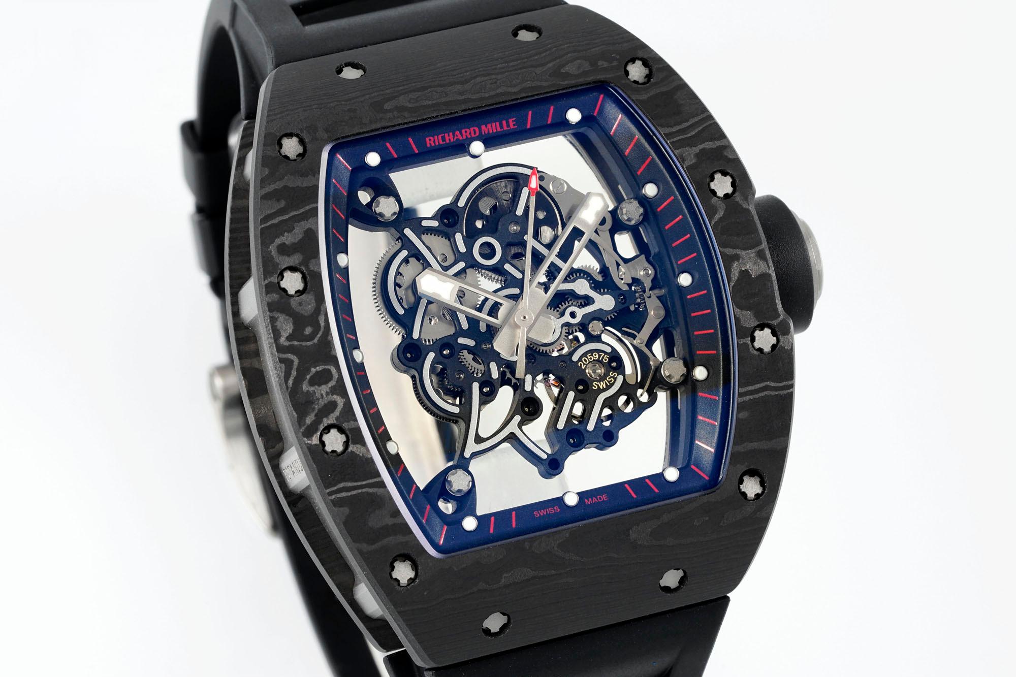 Richard Mille RM055 Skeleton Watch Black Carbon Fiber Black Rubber Strap Skeleton Dial Angled View