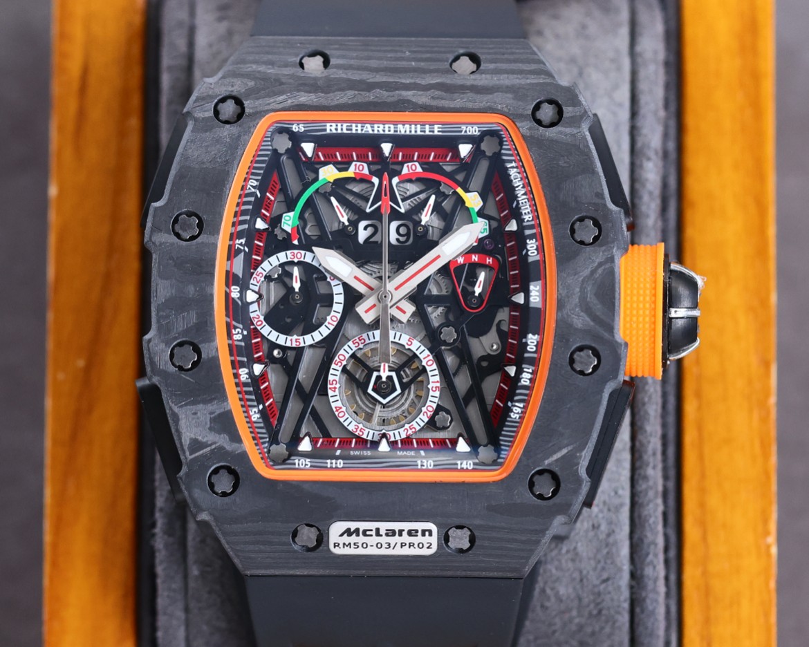 Richard Mille RM50-03 McLaren F1 Tourbillon Carbon Case Black Orange Accents Black Rubber Strap Skeleton Dial Close Front View