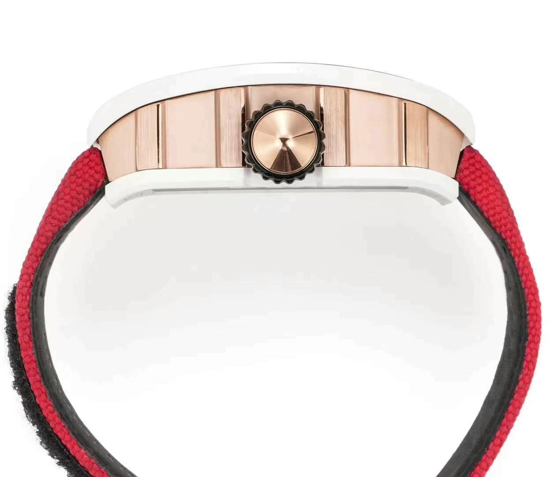 Richard Mille RM S10 Koi Tourbillon Red Nylon Strap White Ceramic Case Side Crown Detail View