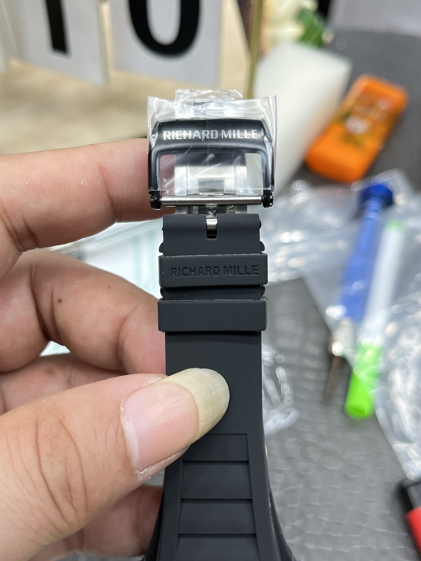 Richard Mille RM35-01 Rafa black rubber strap deployant clasp engraving detail view