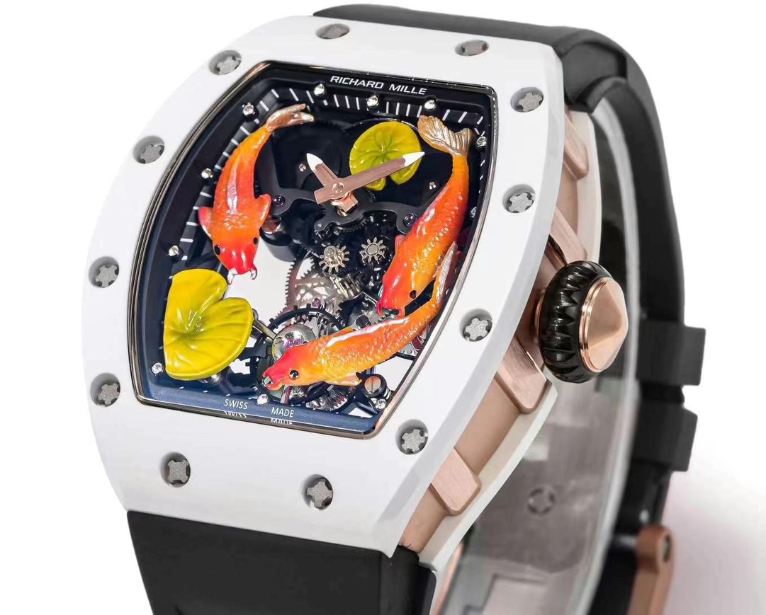 Richard Mille RM S10 Koi Tourbillon Black Rubber Strap White Ceramic Case Angled Perspective View