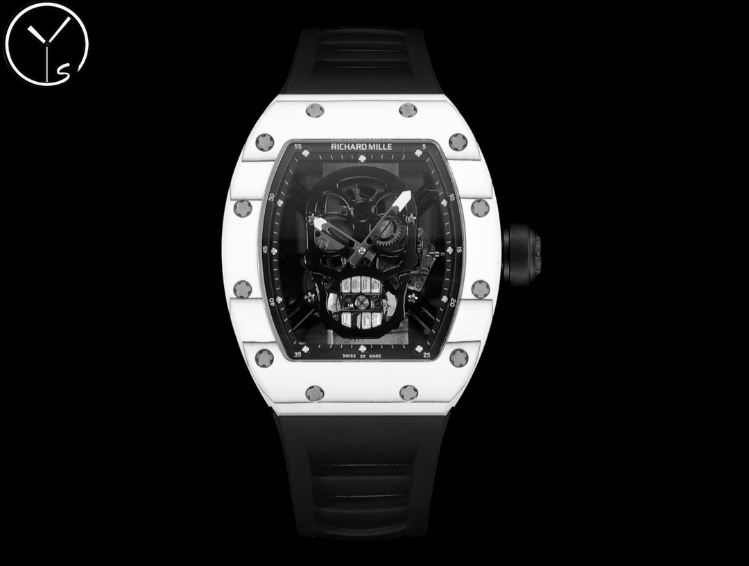 Richard Mille RM 052 Skull White Ceramic Case Black Rubber Strap Skeleton Skull Dial Front View