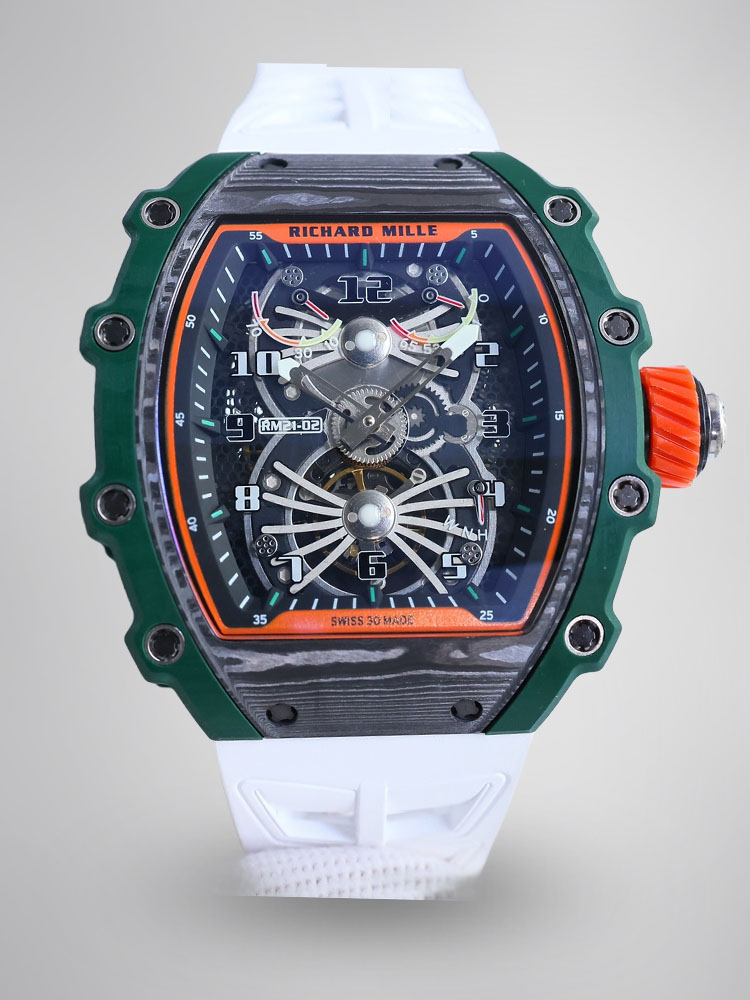 Richard Mille RM21-02 Tourbillon Aerodyne Carbon Fiber Green Bezel White Rubber Strap Front View