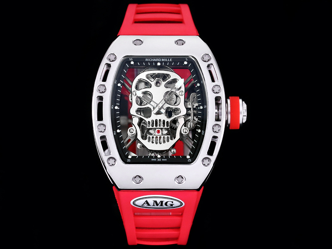 Richard Mille RM52 Tourbillon Red Rubber Strap Silver Case Skull Skeleton Dial Front View Black Background