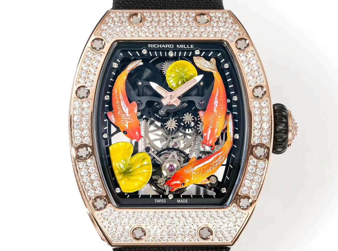 Richard Mille RM S10 Koi Tourbillon Rose Gold Diamond Case Black Nylon Strap Dial Close Up View