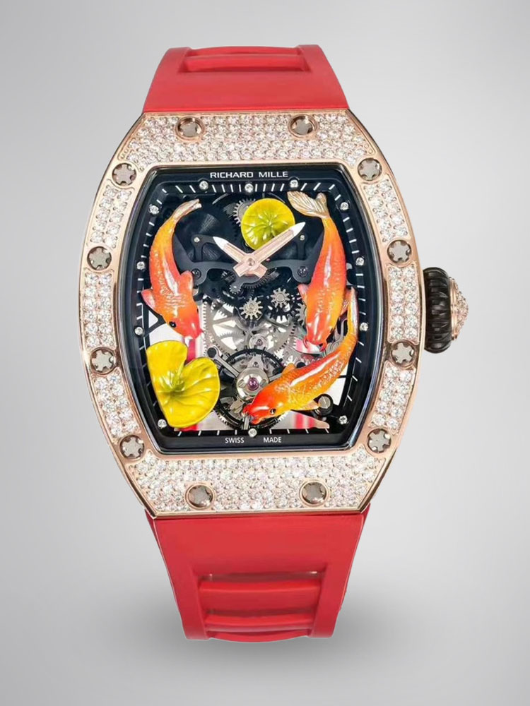 Richard Mille RM S10 Koi Tourbillon Rose Gold Diamond Red Rubber Strap Front View