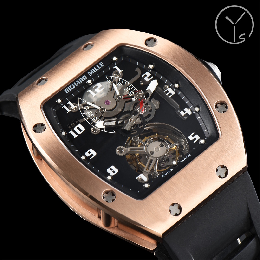 Richard Mille RM001 Rose Gold Skeleton Dial Tourbillon Watch Angled Close-Up View
