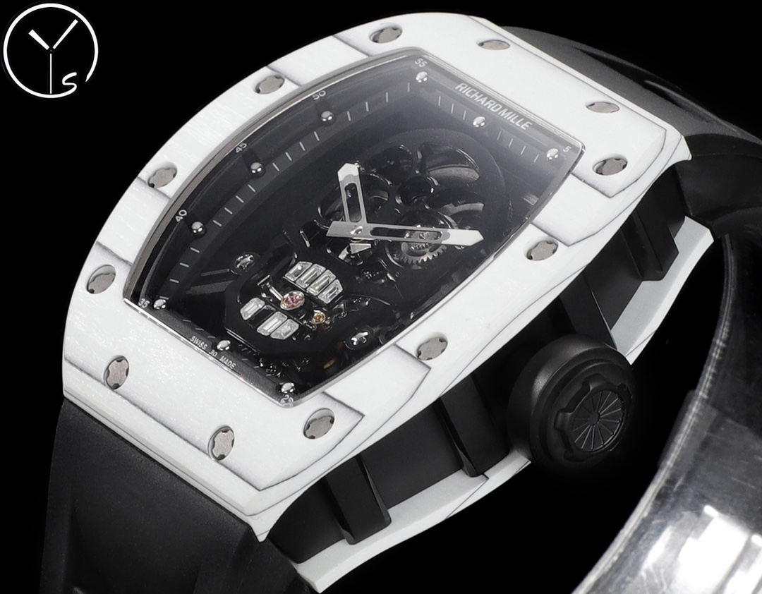 Richard Mille RM 055 Bubba Watson White Ceramic Case Black Rubber Strap Crown Side Profile Angled Detail View