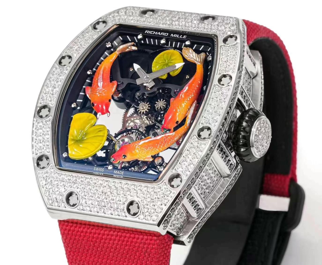 Richard Mille RM S10 Koi Tourbillon Diamond Case Skeleton Dial Red Black Nylon Strap Side Detail Close-Up View