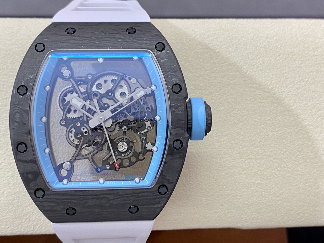 Richard Mille RM055 NTPT Carbon Fiber Light Blue Skeleton Dial White Strap Close Front Detail