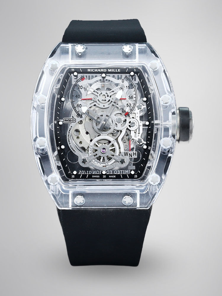 Richard Mille RM56-01 Transparent Case Black Strap Front View Tourbillon Skeleton Movement