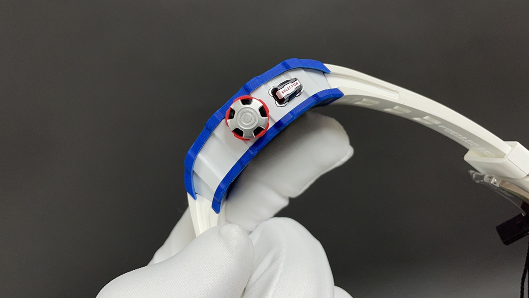 Richard Mille RM Series RM35-03 blue and white case white rubber strap side detail view