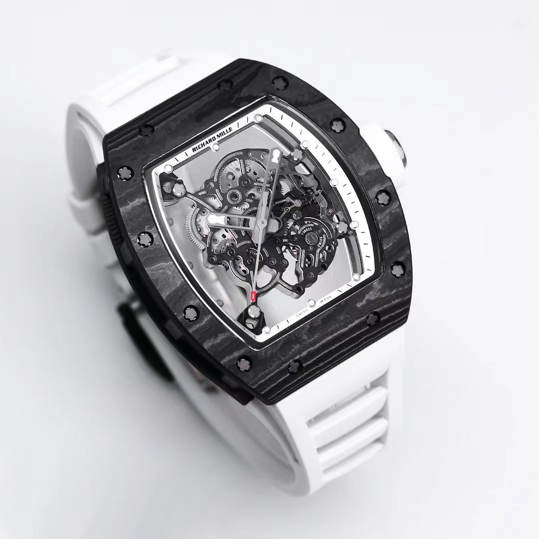 Richard Mille RM055 NTPT Carbon Case White Rubber Strap Skeleton Dial Side Angle View