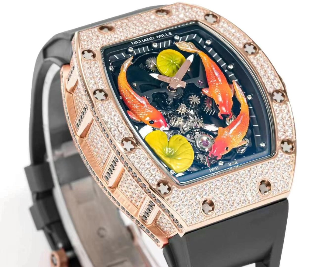 Richard Mille RM S10 Koi Tourbillon Rose Gold Diamond Oblique Angle Detail