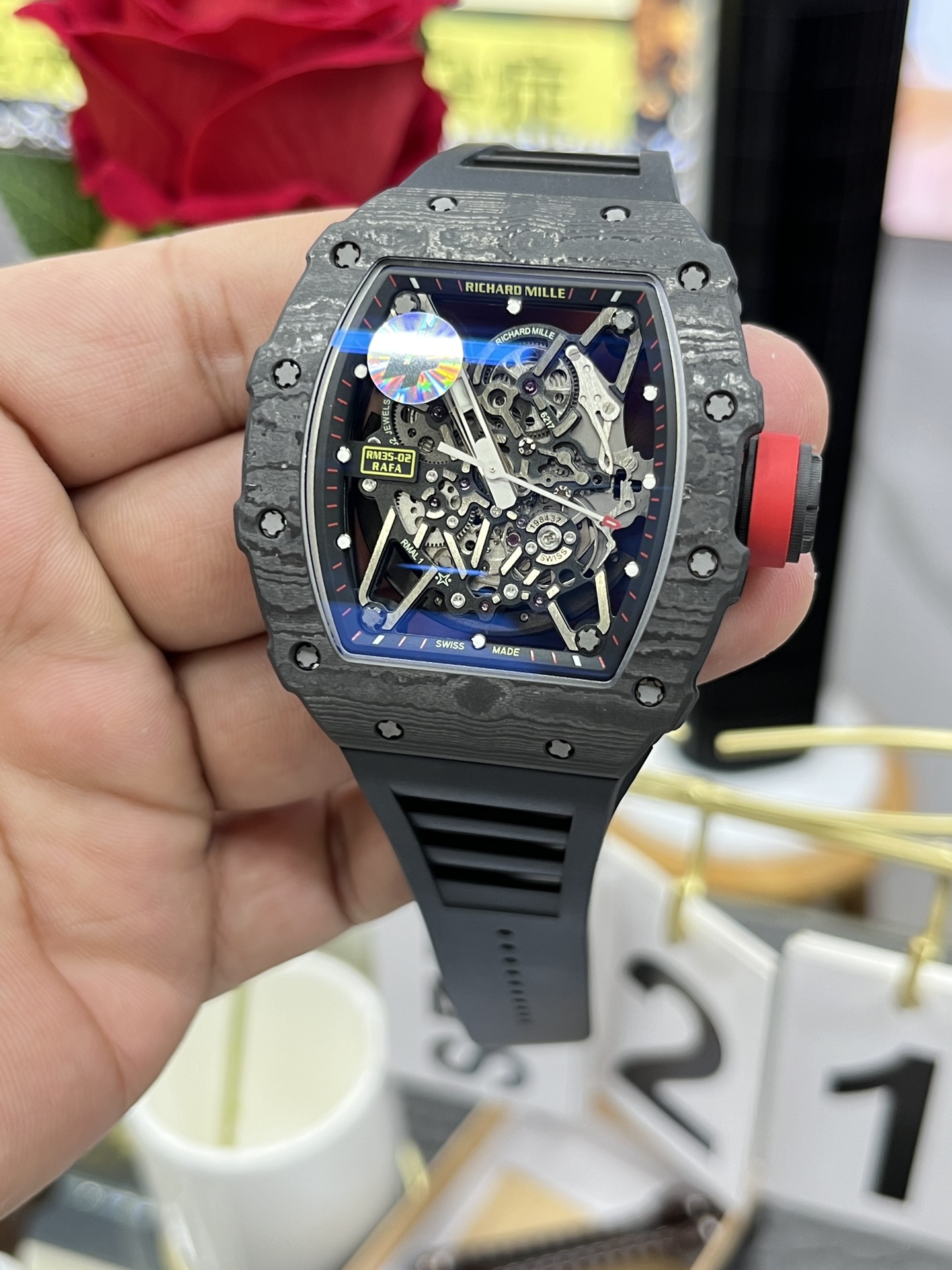 Richard Mille RM35-02 Carbon Fiber Skeleton Dial Black Rubber Strap Dial Detail