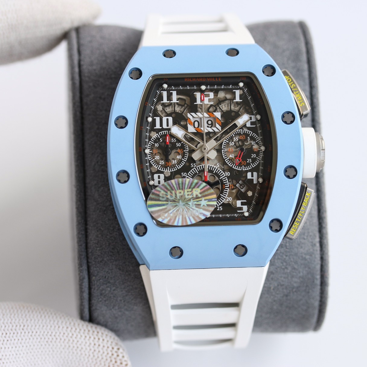 Richard Mille RM Series RM11-03 blue case white rubber strap skeleton chronograph front detail view