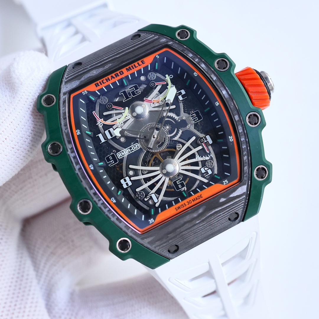 Richard Mille RM21-02 Tourbillon Aerodyne Carbon Fiber Green Bezel Angled Dial View
