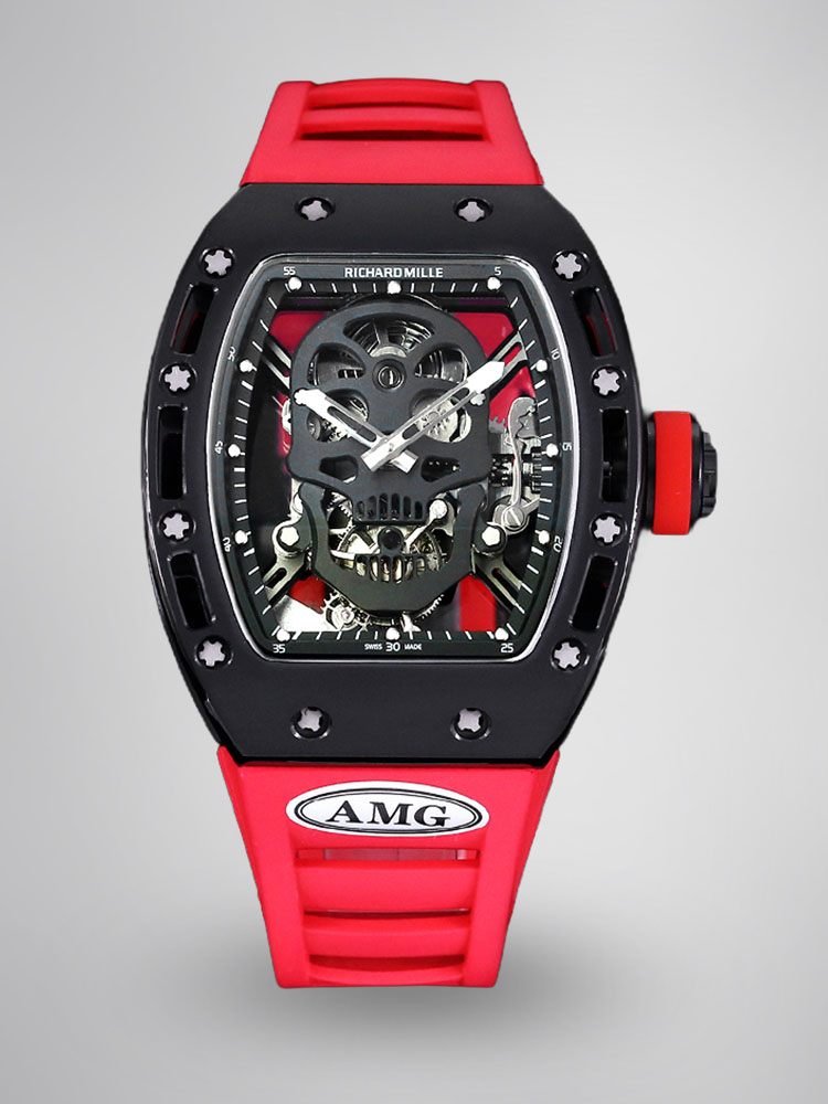 Richard Mille RM052 Titanium Skeleton Tourbillon Black Case Red Rubber Strap Black Skull Dial Front View
