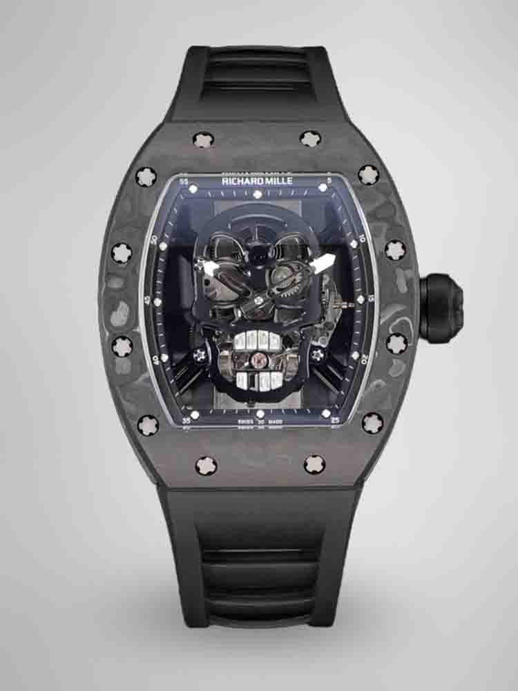 Richard Mille RM Series RM 52-01 carbon fiber camouflage case black rubber strap skull tourbillon dial front view