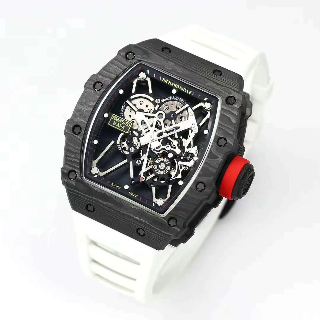 Richard Mille RM35-01 Rafael Nadal Skeleton Carbon Fiber Case White Strap Sport Watch Angled Side View