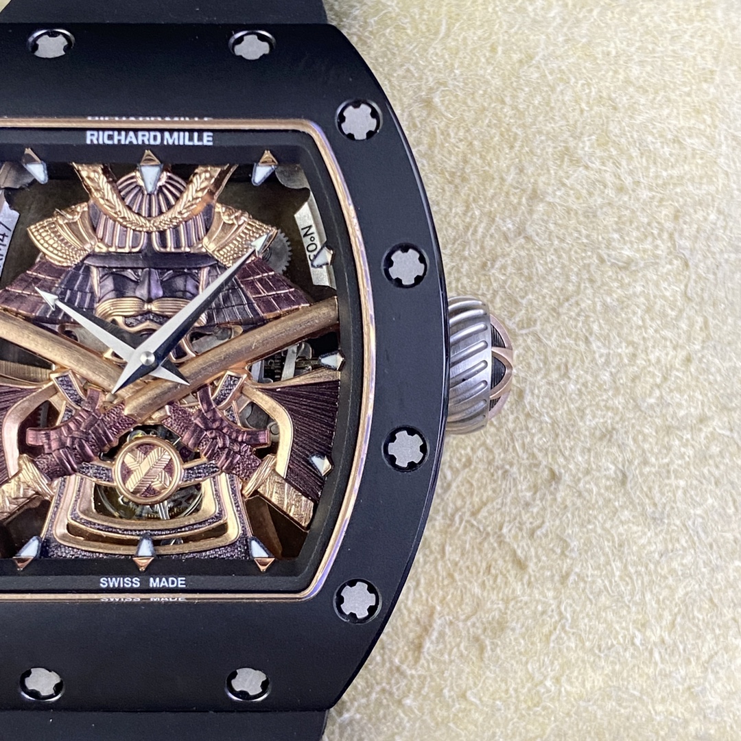 Richard Mille Samurai Collection RM47 Black Detail View Dial Tourbillon and Crown Close Up