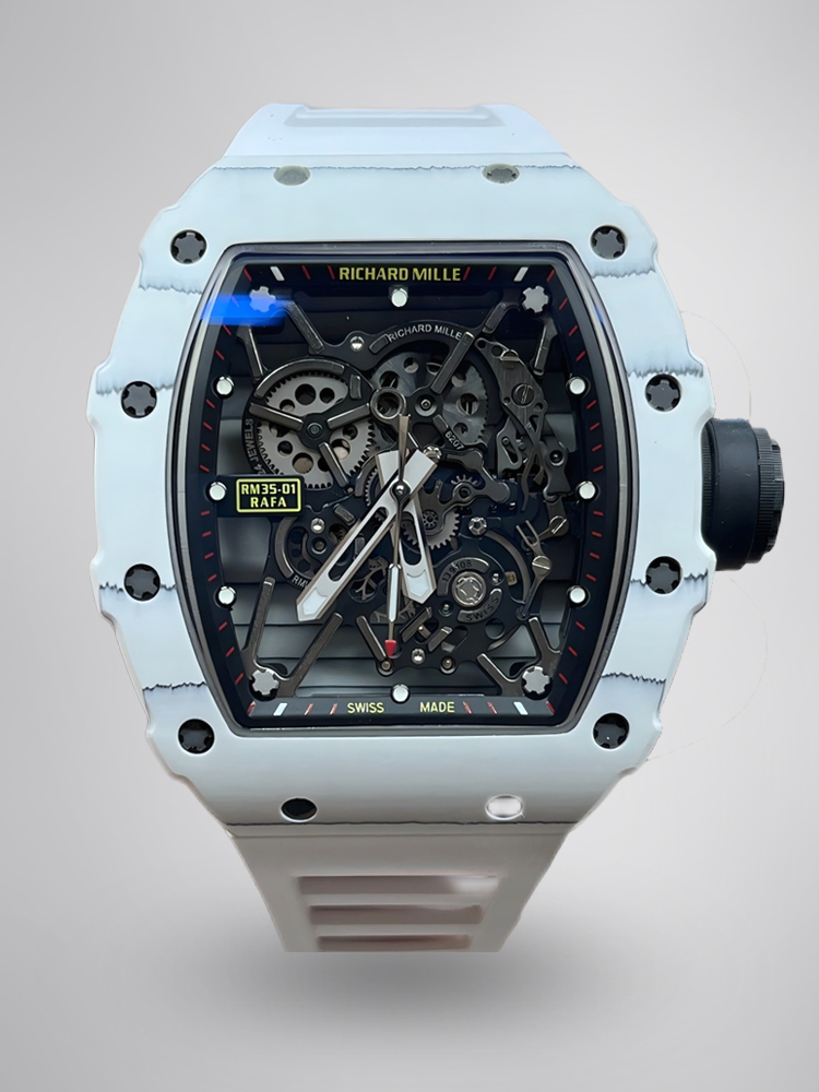 Richard Mille RM35-01 White Carbon Case Black Skeleton Dial White Rubber Strap Front View