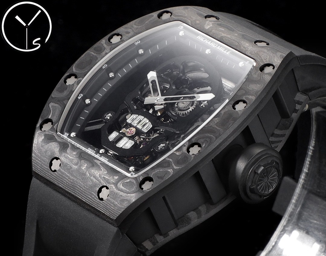 Richard Mille RM Series RM 52-01 carbon fiber camouflage case black rubber strap skull tourbillon dial side view