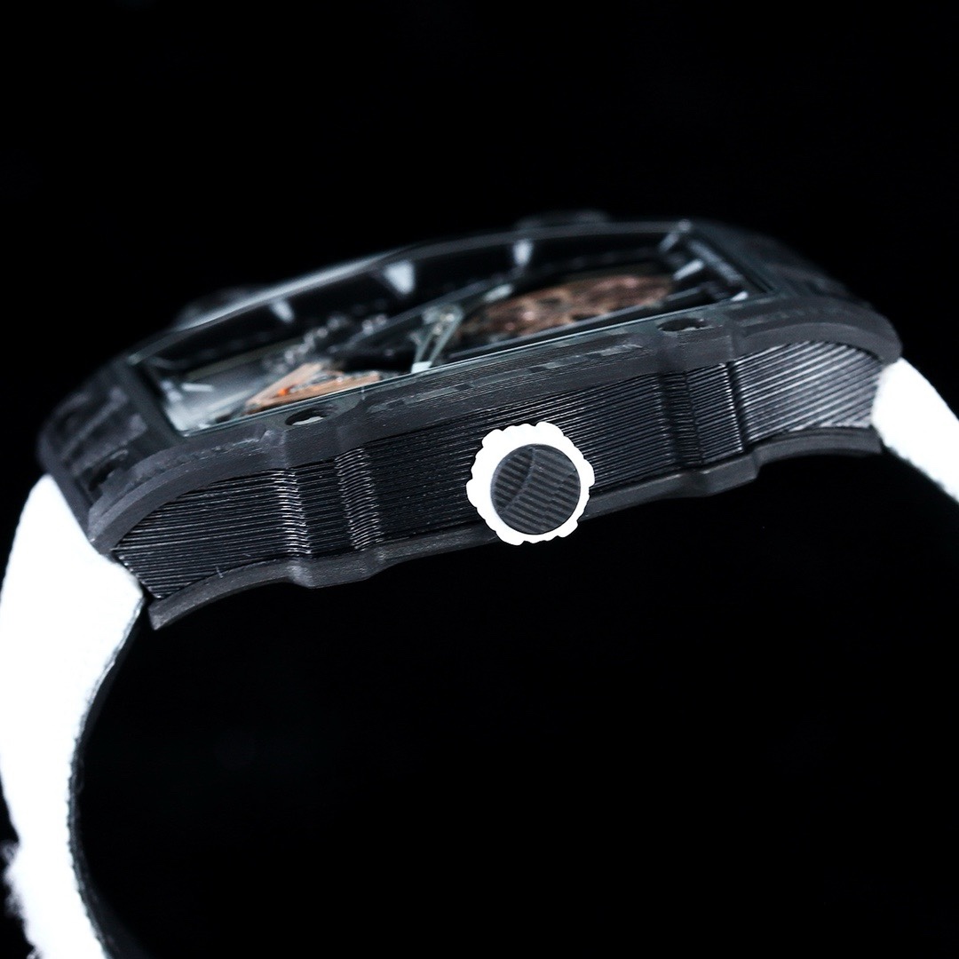 Richard Mille RM27-05 black carbon fiber case white strap flying tourbillon watch side view crown detail
