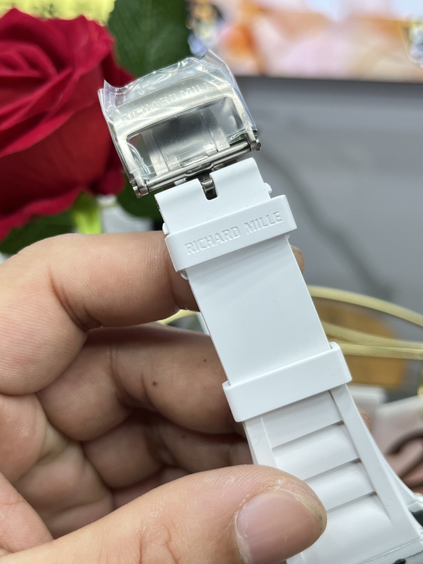 Richard Mille RM35-01 White Carbon Case Black Skeleton Dial White Rubber Strap Strap Detail View