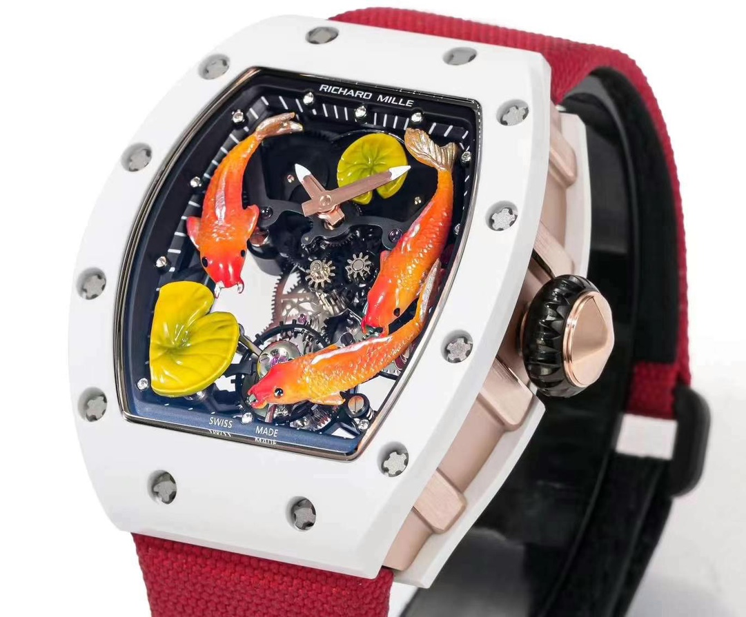 Richard Mille RM S10 Koi Tourbillon Red Nylon Strap White Ceramic Case Angled Perspective View
