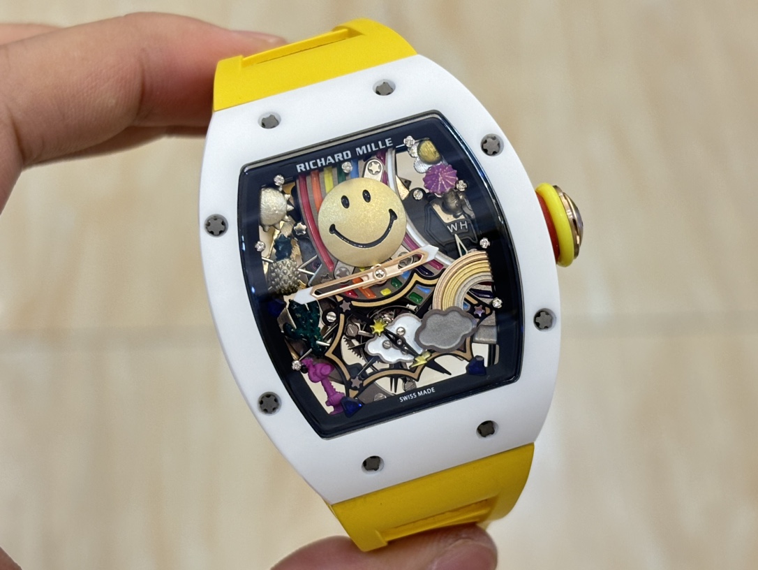 Replica Richard Mille RM 88 Smiley Tourbillon Watch White Case Yellow Strap Gold Smiley Dial Front Angle Detail View