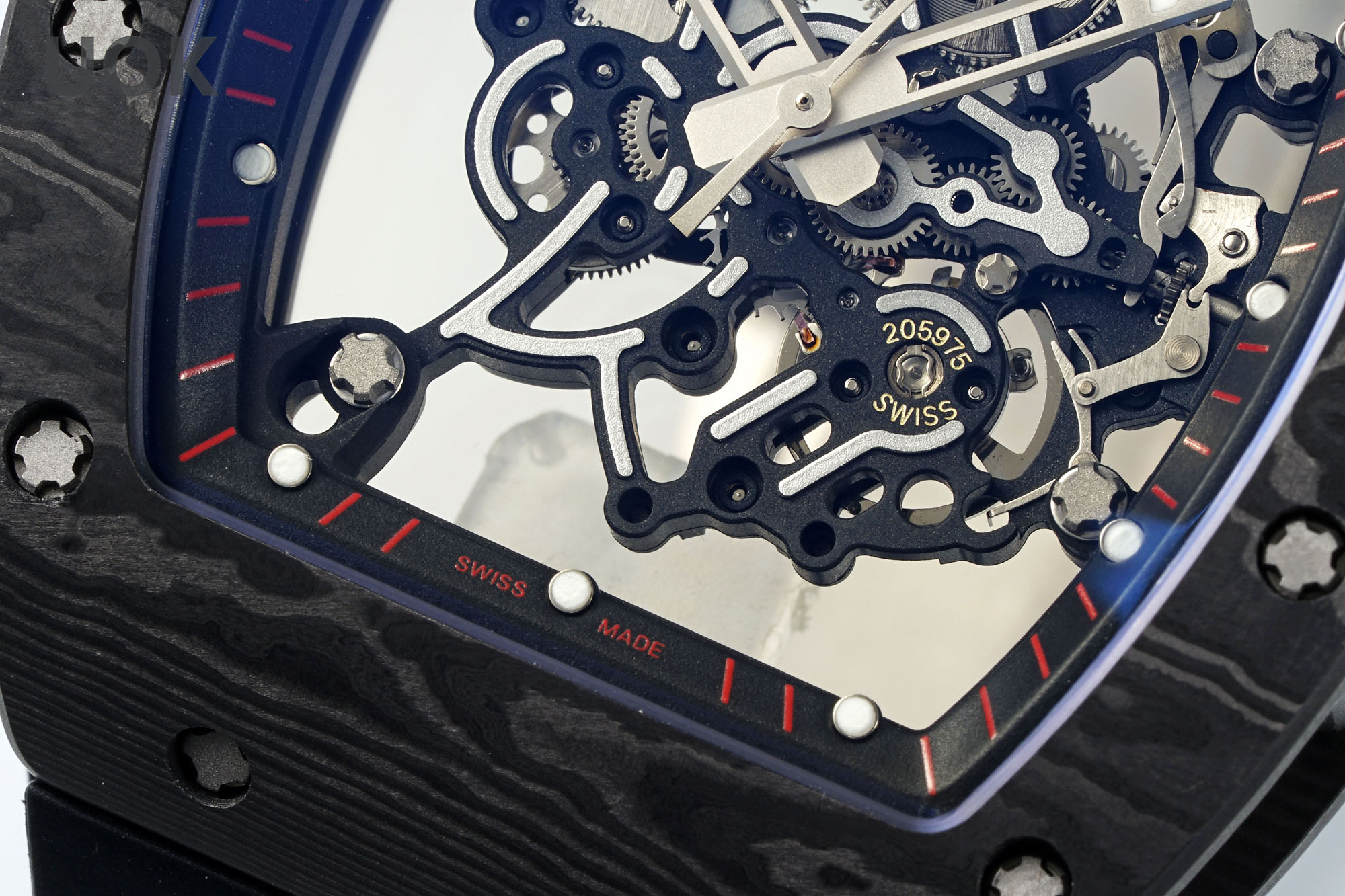 Richard Mille RM055 Skeleton Watch Black Carbon Fiber Black Rubber Strap Movement Close-Up Detail