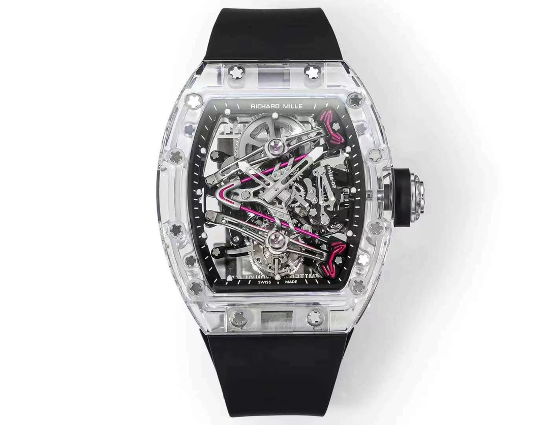Richard Mille RM Series RM 38-02 transparent sapphire case black rubber strap skeleton dial front view